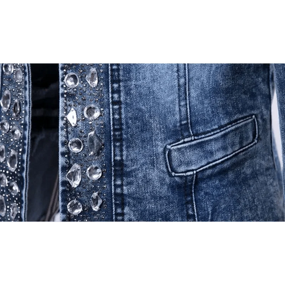 Stevvex blue denim trucker jacket with crystal embellishments and slim fit pocket detail on Tampa Home & Garden Store