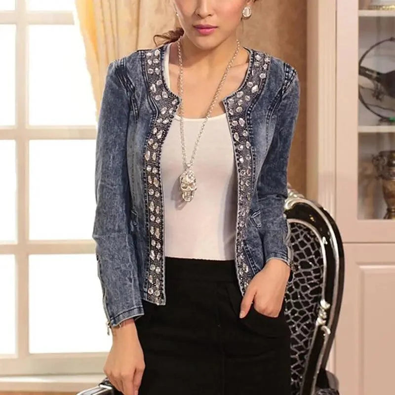 Stevvex denim trucker jacket with crystal embellishments, blue washed, front zipper on Tampa Home & Garden Store