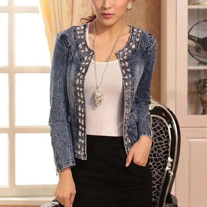 Stevvex denim trucker jacket with crystal embellishments, blue washed, front zipper on Tampa Home & Garden Store