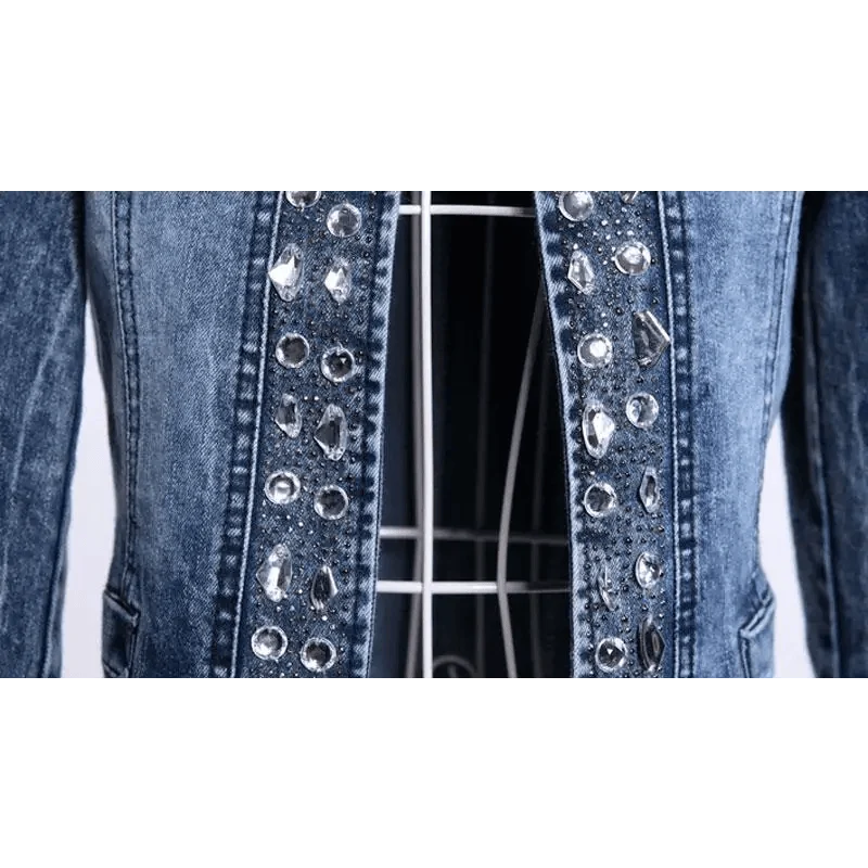 Blue denim trucker jacket with crystal rhinestones and sequin trim along front placket on Tampa Home & Garden Store
