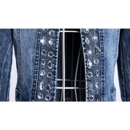 Blue denim trucker jacket with crystal rhinestones and sequin trim along front placket on Tampa Home & Garden Store