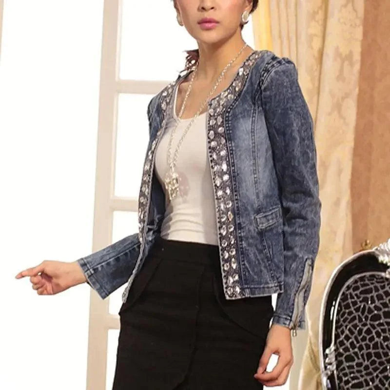 Denim trucker jacket with crystal embellishments by Stevvex, blue indigo slim fit outerwear on Tampa Home & Garden Store