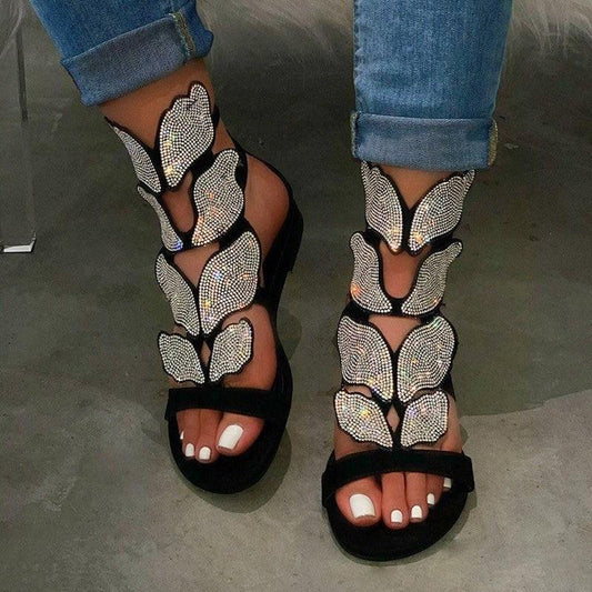 Stevvex butterfly rhinestone sandals black strappy open-toe with crystal butterfly accents on Tampa Home & Garden Store