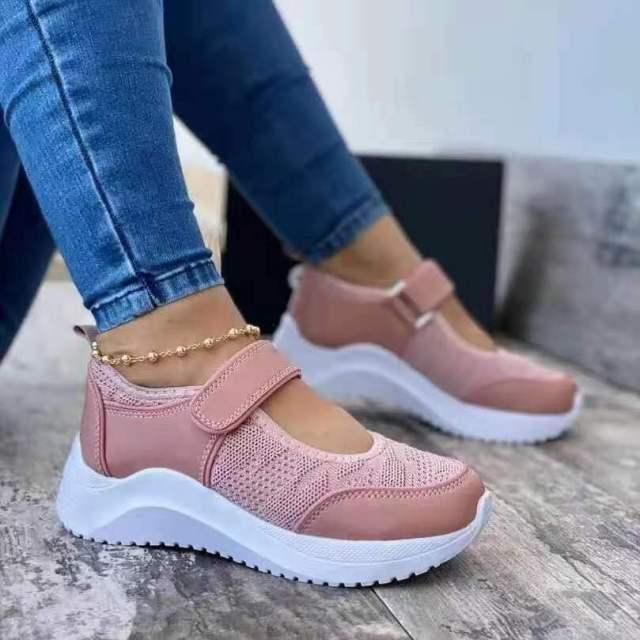 Stevvex pink breathable mesh sneakers with Velcro strap, white platform sole non-slip flats on Tampa Home & Garden Store