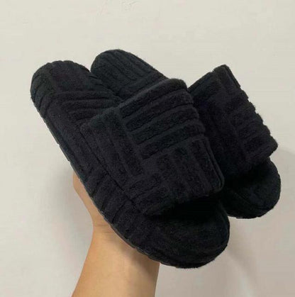 Stevvex women's black plush fur slippers with thick memory foam soles pair on Tampa Home & Garden Store