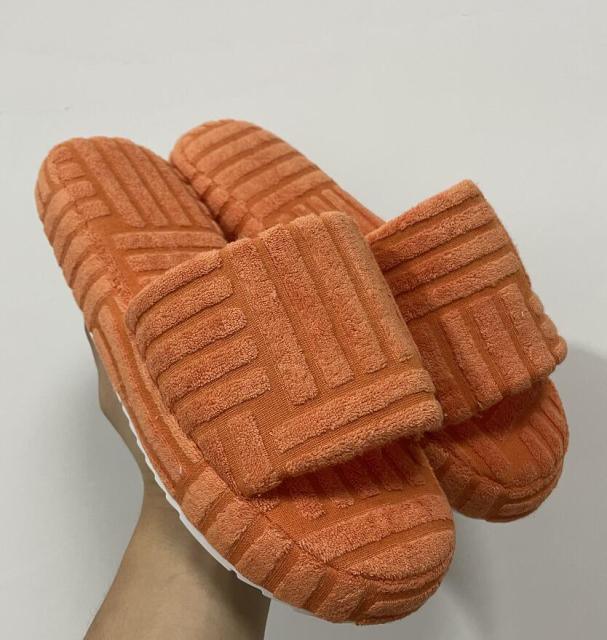 Slippers orange plush thick-sole with wide textured strap, fuzzy house slippers on Tampa Home & Garden Store
