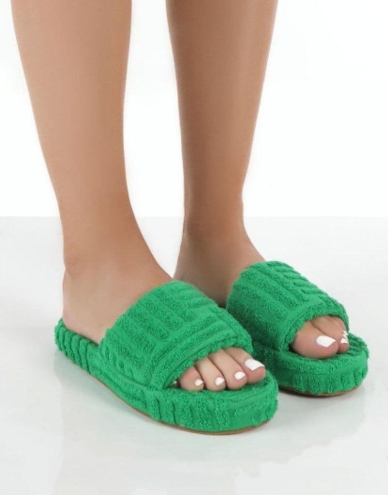 Green fuzzy thick-sole women's slippers Stevvex memory foam house slides, pair on Tampa Home & Garden Store