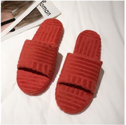 Stevvex red fuzzy slide slippers for women, pair with thick textured straps and memory foam on Tampa Home & Garden Store