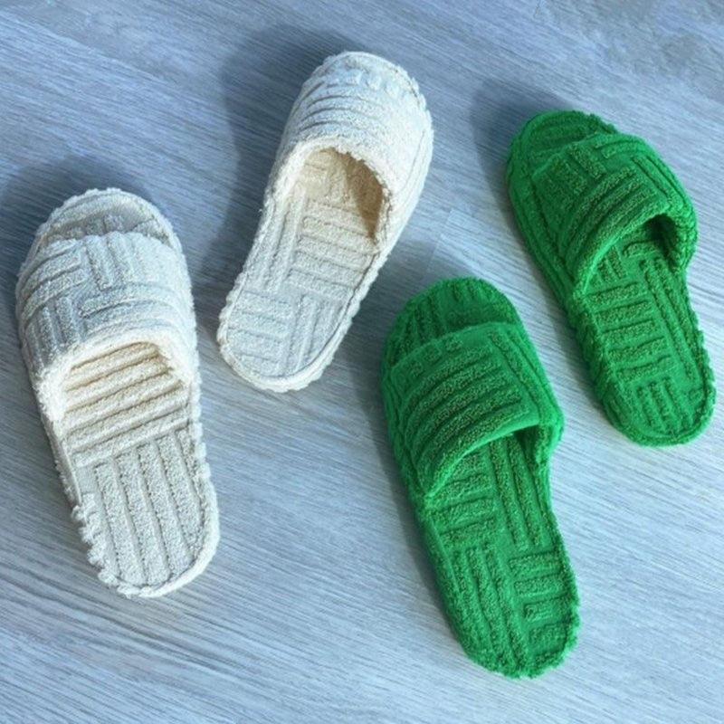 Luxury thick-soled women's slippers in white and green, two pairs shown, plush memory foam for home use on Tampa Home & Garden Store