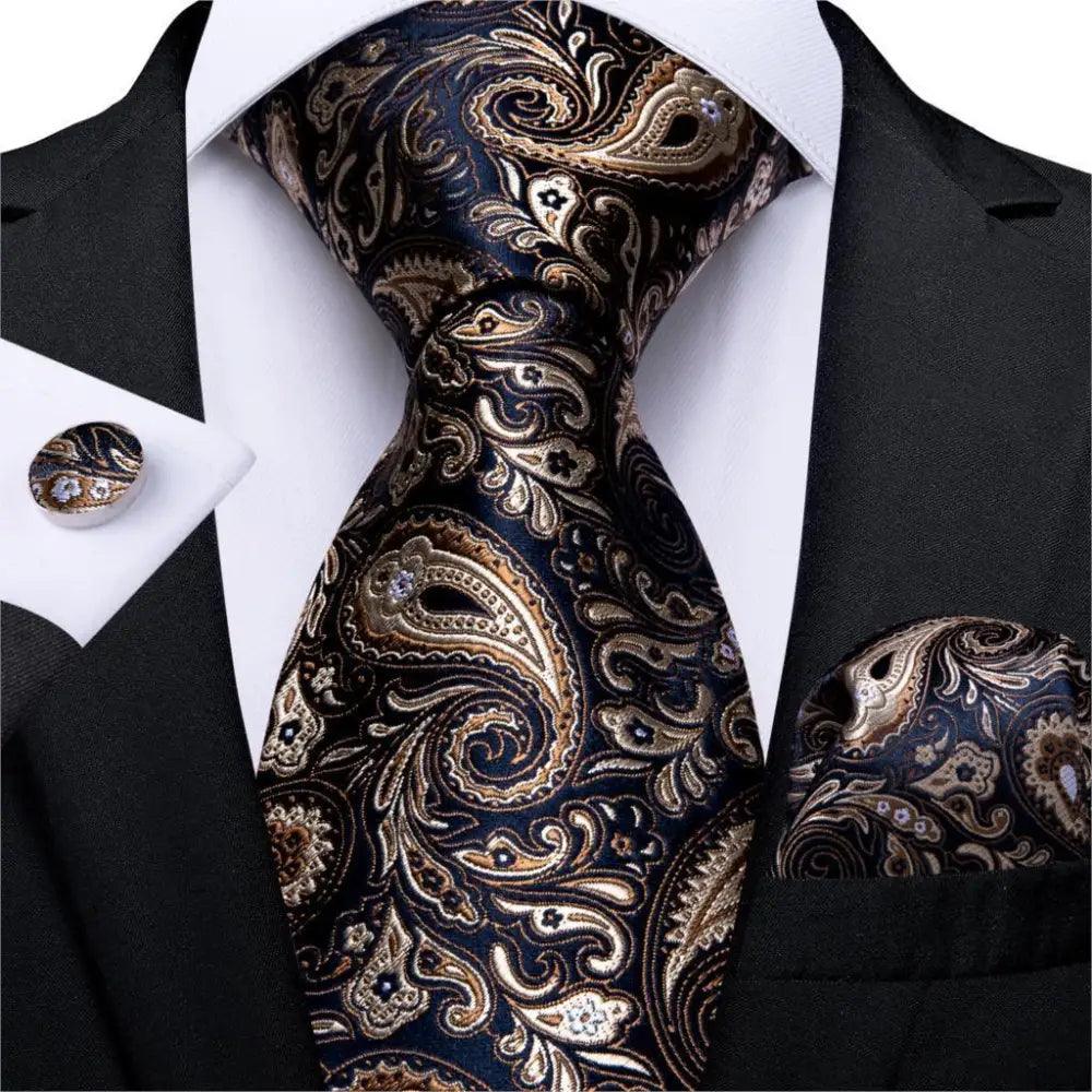 Silk paisley necktie set with matching pocket square and cufflinks in navy gold brown Stevvex on Tampa Home & Garden Store