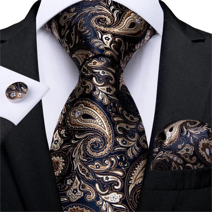 Silk paisley necktie set with matching pocket square and cufflinks in navy gold brown Stevvex on Tampa Home & Garden Store