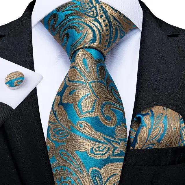 Stevvex turquoise gold paisley silk necktie with pocket square and cufflinks on Tampa Home & Garden Store