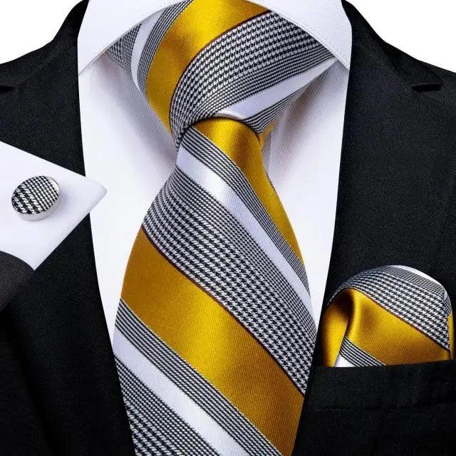 Stevvex silk necktie set with gold-gray striped pattern, matching pocket square and cufflinks on Tampa Home & Garden Store