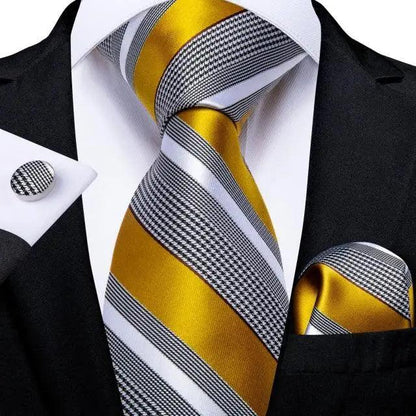 Stevvex silk necktie set with gold-gray striped pattern, matching pocket square and cufflinks on Tampa Home & Garden Store