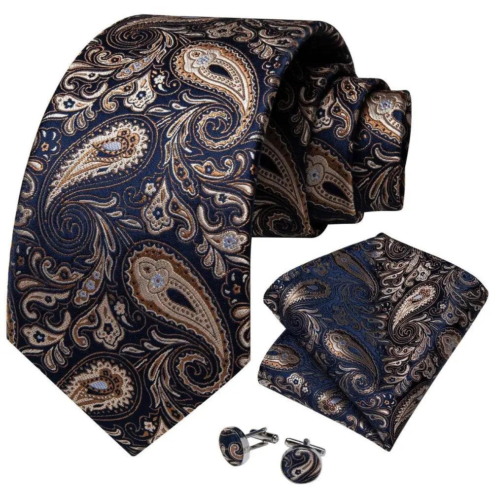 Silk necktie set with matching pocket square and cufflinks in navy paisley by Stevvex on Tampa Home & Garden Store