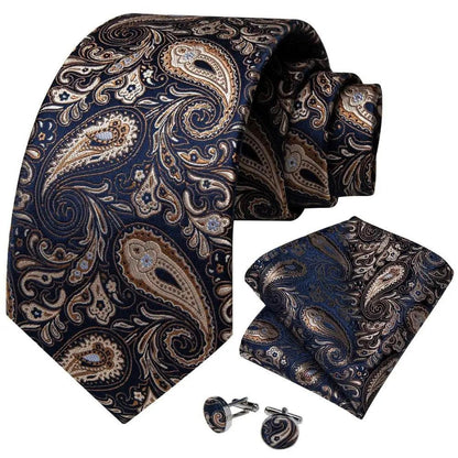 Silk necktie set with matching pocket square and cufflinks in navy paisley by Stevvex on Tampa Home & Garden Store