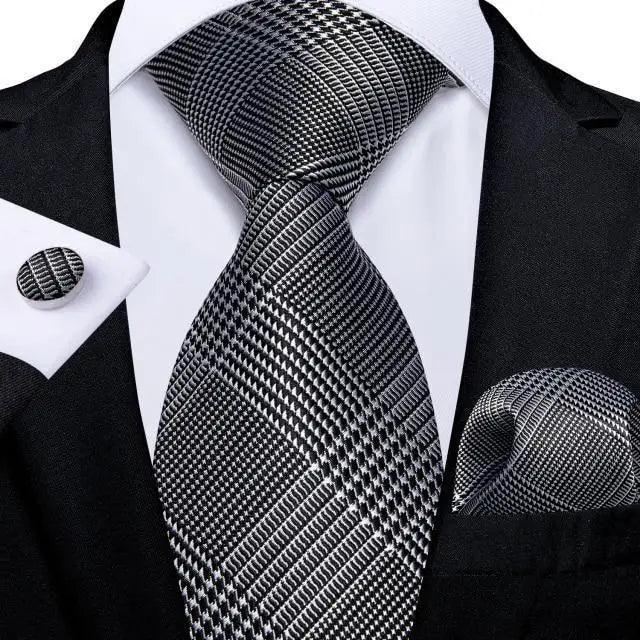 Stevvex silk necktie set with matching pocket square and cufflinks in black white plaid on Tampa Home & Garden Store