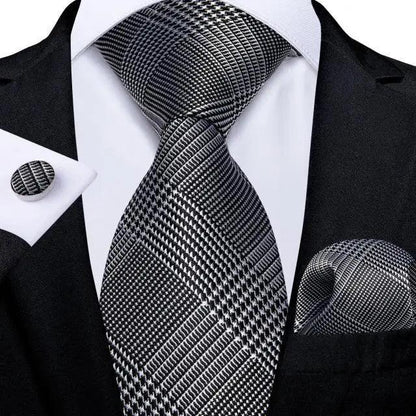 Stevvex silk necktie set with matching pocket square and cufflinks in black white plaid on Tampa Home & Garden Store