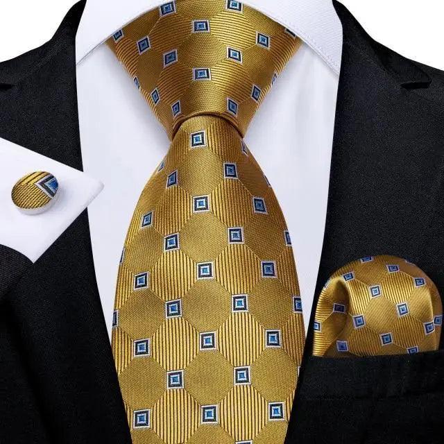 Silk necktie set with matching pocket square and cufflinks in gold geometric pattern Stevvex on Tampa Home & Garden Store