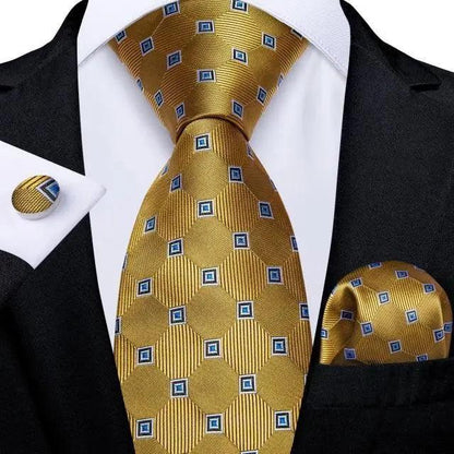 Silk necktie set with matching pocket square and cufflinks in gold geometric pattern Stevvex on Tampa Home & Garden Store