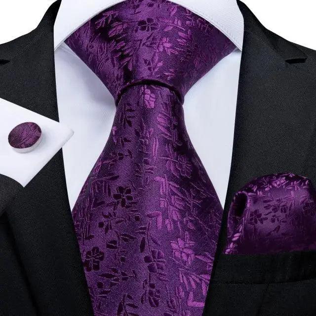 Purple floral silk necktie with matching pocket square and cufflinks set on Tampa Home & Garden Store