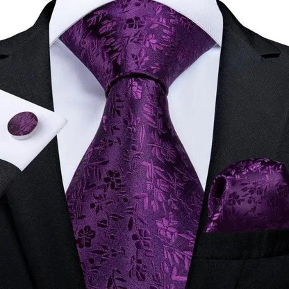 Purple floral silk necktie with matching pocket square and cufflinks set on Tampa Home & Garden Store