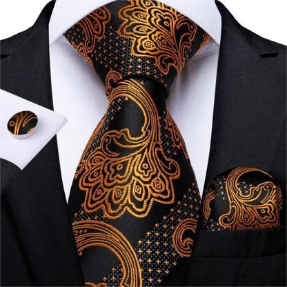 Silk necktie set with gold paisley on black, includes pocket square and cufflinks for men on Tampa Home & Garden Store