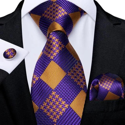 Stevvex silk necktie set in purple gold plaid with pocket square and cufflinks on Tampa Home & Garden Store
