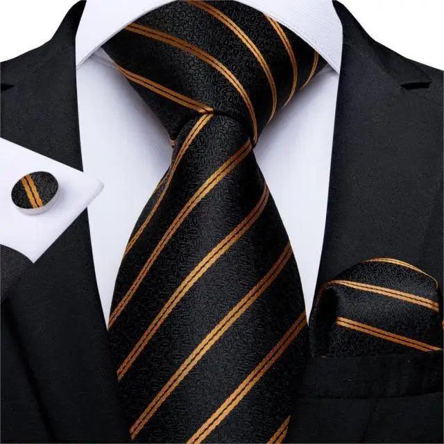 Stevvex silk striped necktie with matching pocket square for men in black and orange stripes on Tampa Home & Garden Store