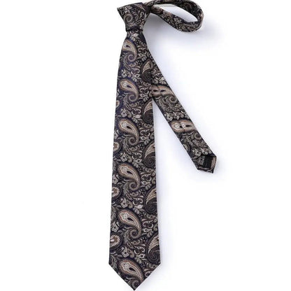 Silk paisley necktie in dark navy with beige floral pattern, men's formal wear on Tampa Home & Garden Store