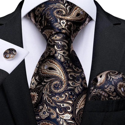 Silk paisley necktie set with matching pocket square and cufflinks in dark blue and gold on Tampa Home & Garden Store