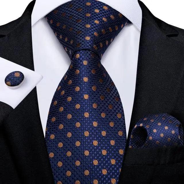 Silk necktie set by Stevvex in navy dotted design with matching handkerchief and cufflinks on Tampa Home & Garden Store
