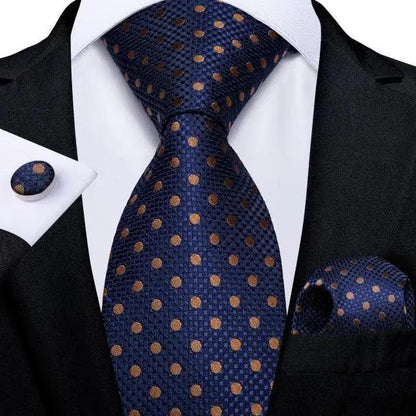 Silk necktie set by Stevvex in navy dotted design with matching handkerchief and cufflinks on Tampa Home & Garden Store