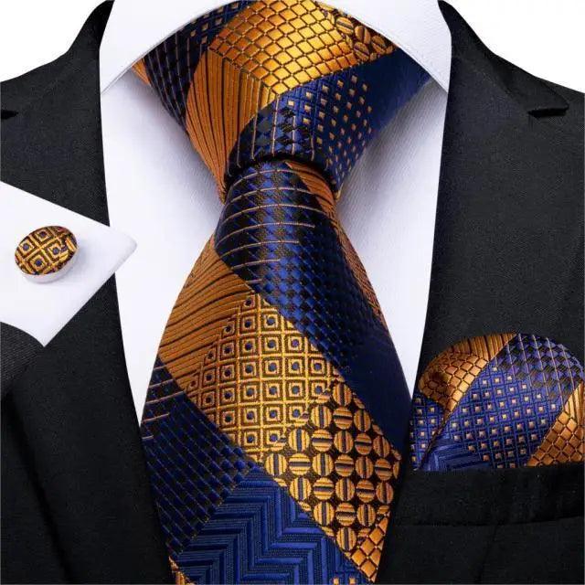 Stevvex silk necktie set with matching pocket square and cufflinks in blue and orange design on Tampa Home & Garden Store