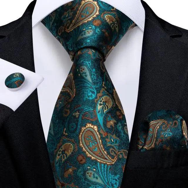 Stevvex silk paisley necktie with teal and gold pattern and matching pocket square on Tampa Home & Garden Store