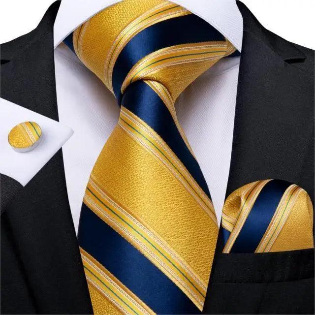 Silk necktie set with matching hanky and cufflinks in gold and navy striped pattern on Tampa Home & Garden Store