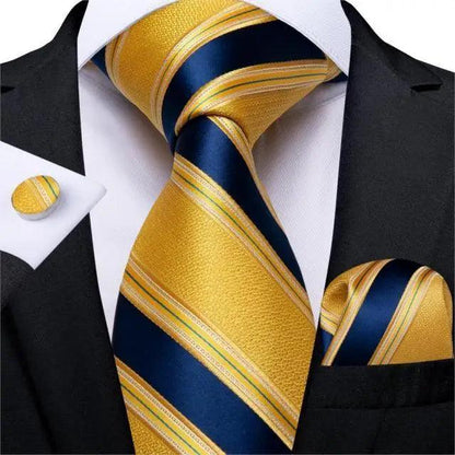 Silk necktie set with matching hanky and cufflinks in gold and navy striped pattern on Tampa Home & Garden Store