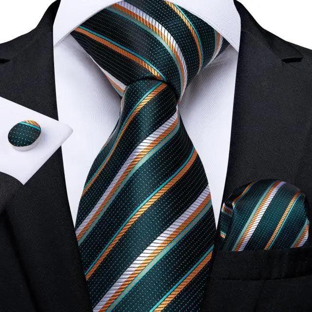 Silk necktie set Stevvex teal green striped with cufflinks and pocket square on Tampa Home & Garden Store