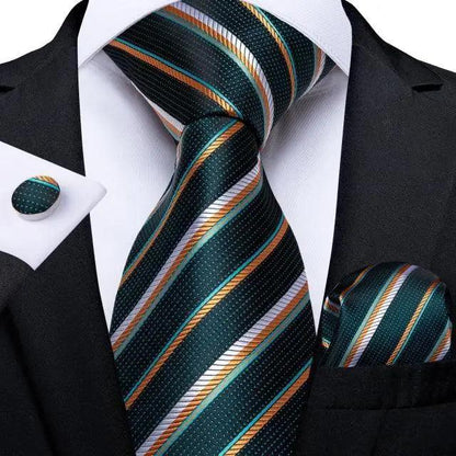 Silk necktie set Stevvex teal green striped with cufflinks and pocket square on Tampa Home & Garden Store