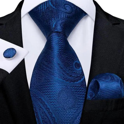 Blue silk necktie from Stevvex with floral paisley pattern, matching pocket square and cufflinks on Tampa Home & Garden Store