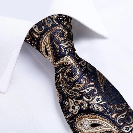 Stevvex silk necktie navy gold paisley floral pattern for weddings on Tampa Home & Garden Store