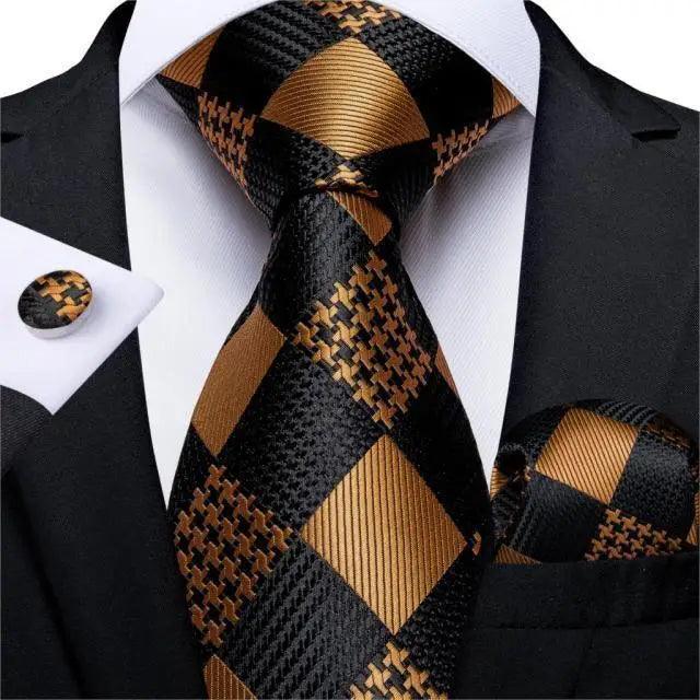 Stevvex silk plaid necktie set with matching pocket square and cufflinks in black gold on Tampa Home & Garden Store
