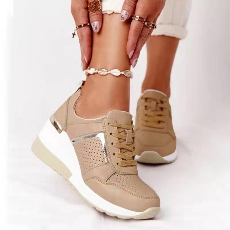 Beige Stevvex platform sneakers with perforated panels and lace-up, white air-cushioned sole on Tampa Home & Garden Store