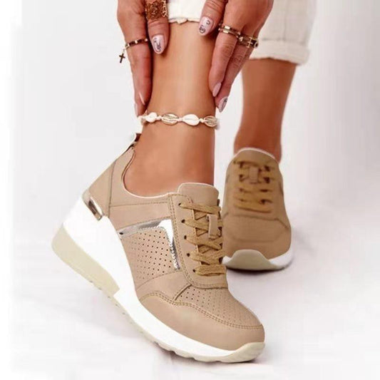 Beige Stevvex platform sneakers with perforated panels and lace-up, white air-cushioned sole on Tampa Home & Garden Store