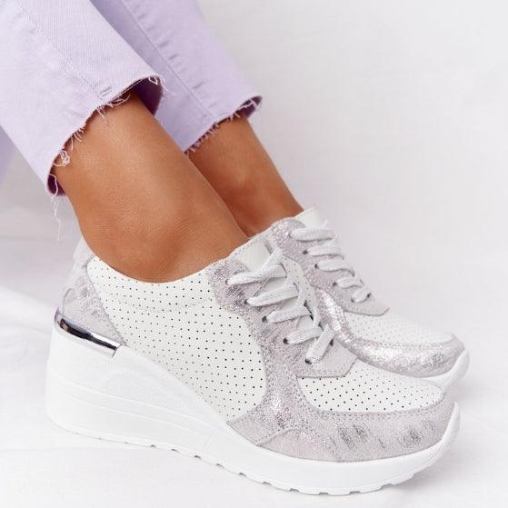 Stevvex women's white platform laceup sneakers with perforated uppers and glitter accents on Tampa Home & Garden Store