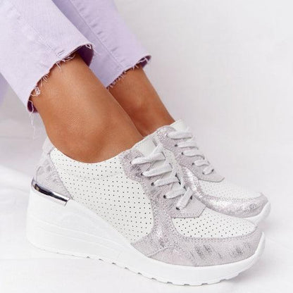 Stevvex women's white platform laceup sneakers with perforated uppers and glitter accents on Tampa Home & Garden Store
