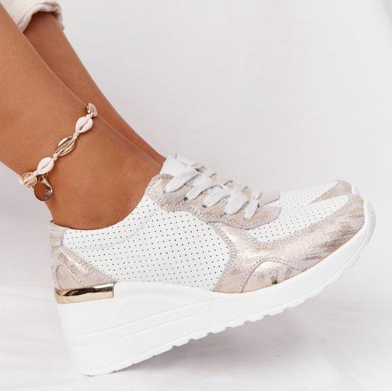 Stevvex white platform sneakers with perforated mesh upper and metallic overlays on Tampa Home & Garden Store