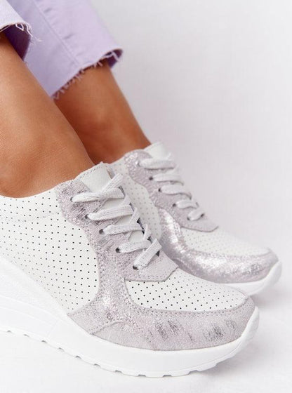Stevvex white platform sneakers pair with perforated upper and silver suede accents, chunky sole on Tampa Home & Garden Store