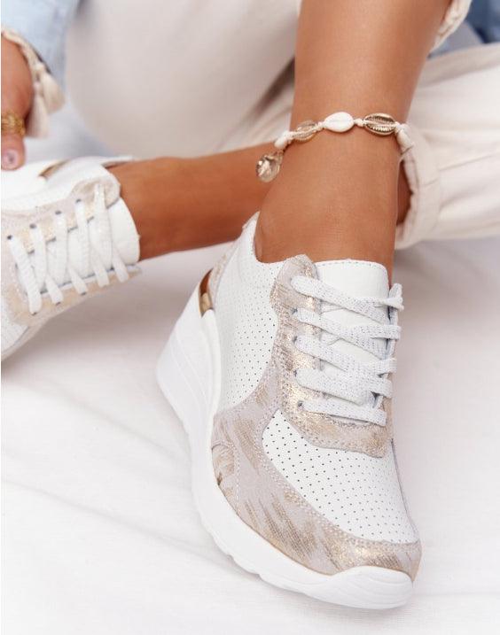 White Stevvex sneakers with perforated toe and beige metallic overlays plus platform sole on Tampa Home & Garden Store