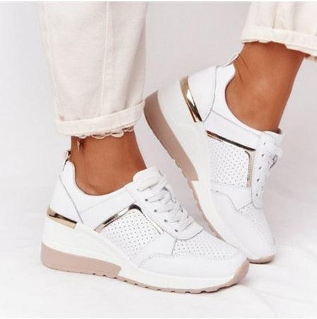 Stevvex white platform sneakers with gold accents, panels, lace-up, air cushion sole on Tampa Home & Garden Store